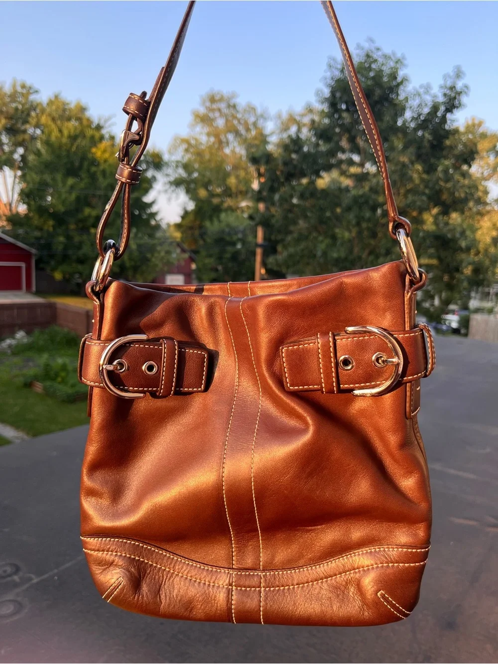 Coach Soho Brown Leather Shoulder Bag with Double Buckle Detail
